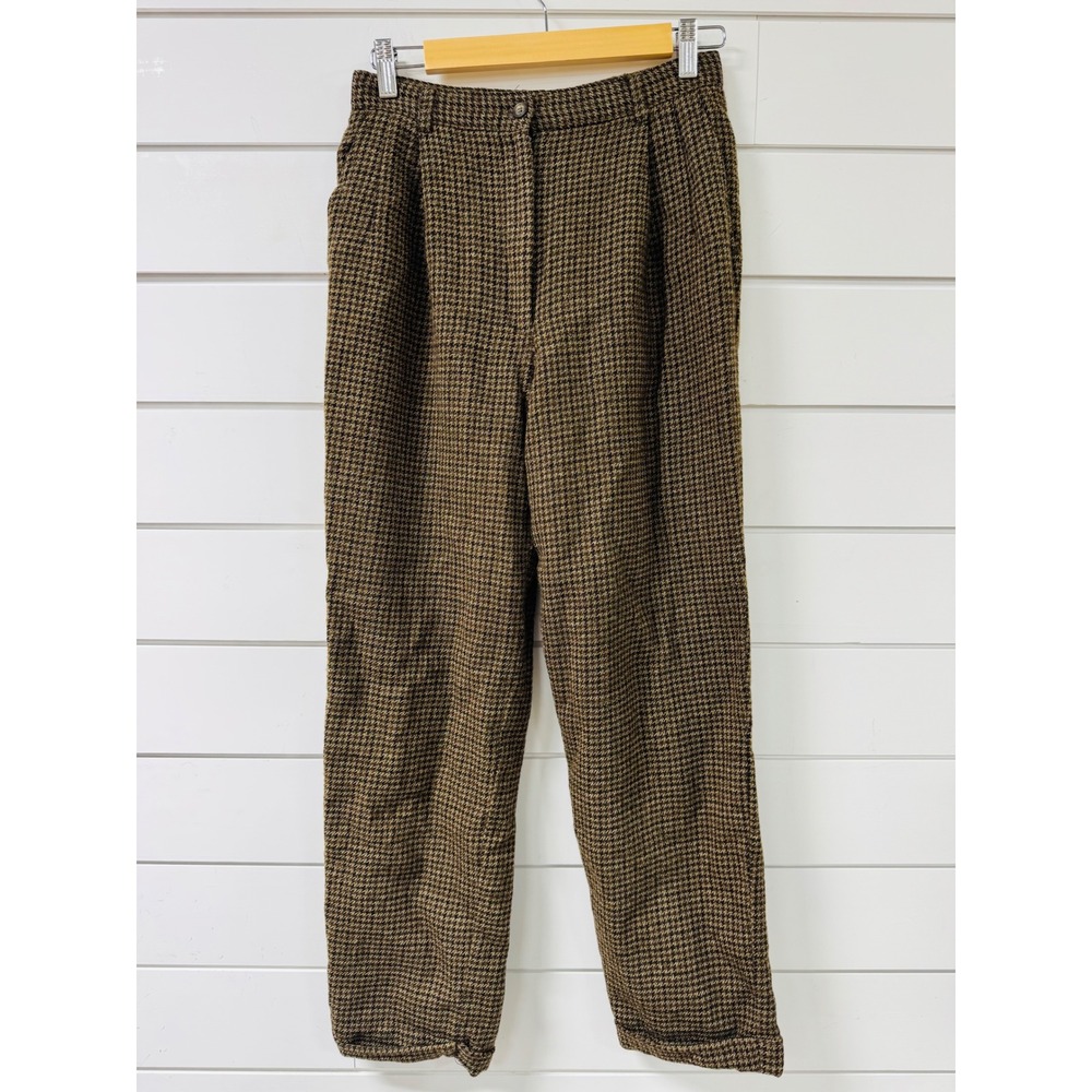 Country Shop Vintage 100% Wool Houndstooth Pleated Trousers Brown Size 6 USA